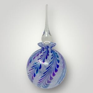 Blue Art‎ Glass Feathered Perfume Bottle With Stopper Blown Iridescent Cobalt